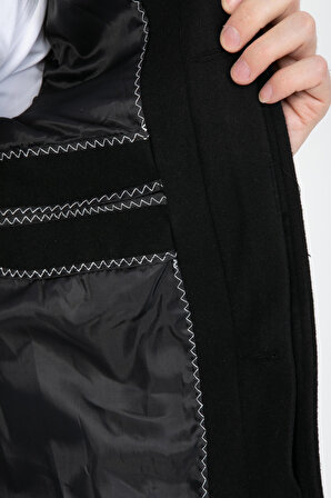 Erkek Siyah Dar Kesim Uzun Yün Karışımlı Kaşe Gömlek Yaka Palto&Kaban