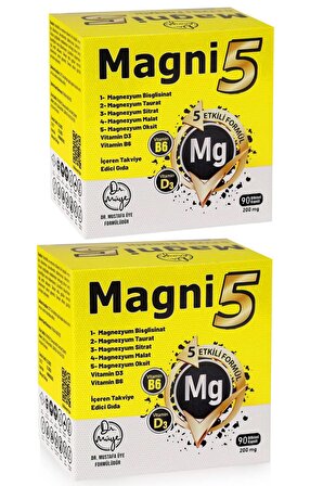 Magni5 Magnezyum 5 Etkili Form 3 Aylık 90 Kapsül B6 D3 Vitamini Bisglisinat Malat Taurat Sitrat Oksit 2li
