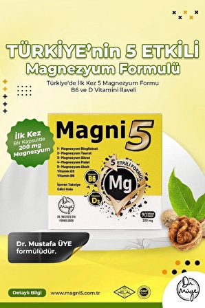 Magni5 Magnezyum 5 Etkili Form 3 Aylık 90 Kapsül B6 D3 Vitamini Bisglisinat Malat Taurat Sitrat Oksit 3'lü