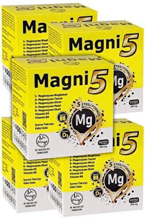 Magnezyum 5 Etkili Form 450 Kapsül B6 D3 Vit Magni5 Bisglisinat Taurat Sitrat Malat 5'li Aile Seti