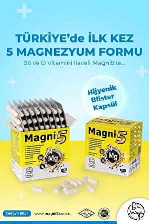 Magnezyum 5 Etkili Form 450 Kapsül B6 D3 Vit Magni5 Bisglisinat Taurat Sitrat Malat 5'li Aile Seti