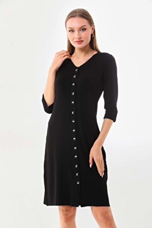 Sistas Kadın V Yaka Düğme Detaylı Elbise 22445 Siyah