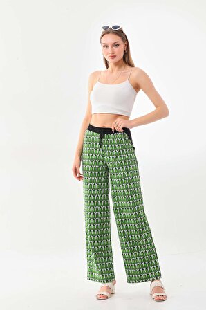 Sistas Kadın Belden Bağlamalı Desenli Rahat Form Pantolon 22921 Yeşil