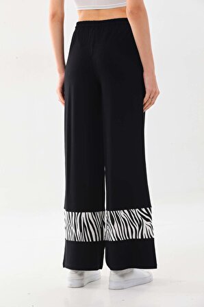 Sistas Kadın Paçaları Desenli Belden Bağlamalı Rahat Form Pantolon 23434 Siyah