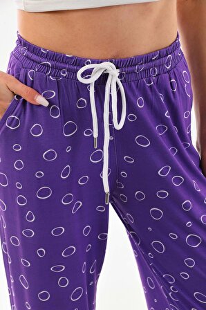 Sistas Kadın Desenli Belden Bağlamalı Rahat Form Pantolon 23498 Mor