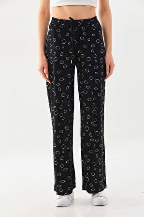 Sistas Kadın Desenli Belden Bağlamalı Rahat Form Pantolon 23498 Siyah