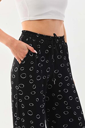 Sistas Kadın Desenli Belden Bağlamalı Rahat Form Pantolon 23498 Siyah