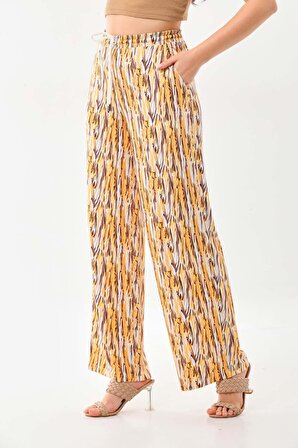 Sistas Kadın Desenli Belden Bağlamalı Rahat Form Pantolon 23396 Sarı