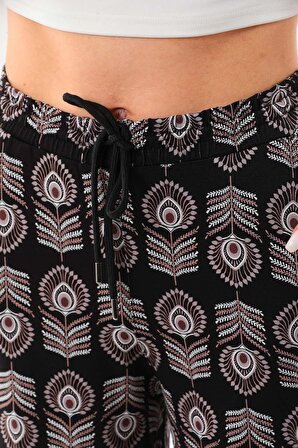 Sistas Kadın Belden Bağlamalı Desenli Rahat Form Pantolon 23397 Siyah