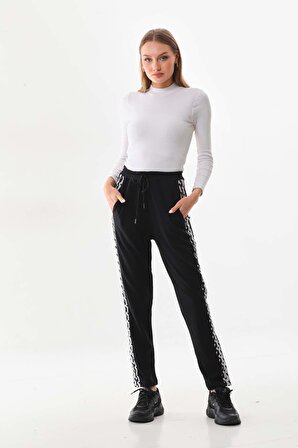 Sistas Kadın Yanları Desenli Belden Bağlamalı Rahat Form Pantolon 23863 Siyah