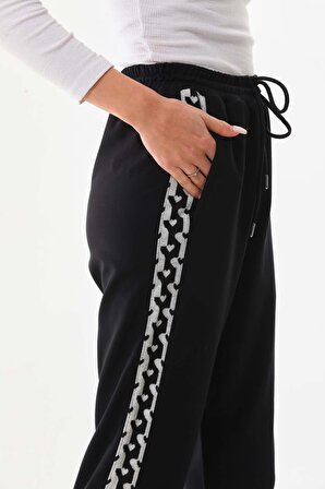 Sistas Kadın Yanları Desenli Belden Bağlamalı Rahat Form Pantolon 23863 Siyah
