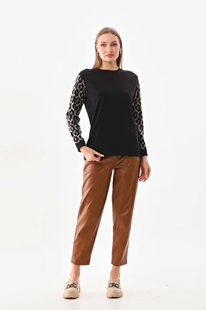 Sistas Kadın Kolları ve Sırt Kısmı Desenli Uzun Kollu Bluz 23511 Siyah