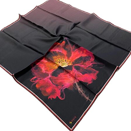 Seyra Siyah-Mercan Çiçek Desen Tivil İpek Eşarp 3721