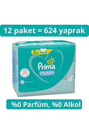 Prima Alkolsüz-Parfümsüz 12 x 52 Yaprak 12 Paket Islak Mendil