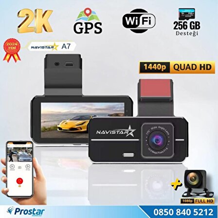 A7 Wifi + GPS 2K Çift Kameralı 170° Geniş Açı Lens Gece Görüşlü Akıllı Araç içi Kamera + 1080P Arka 