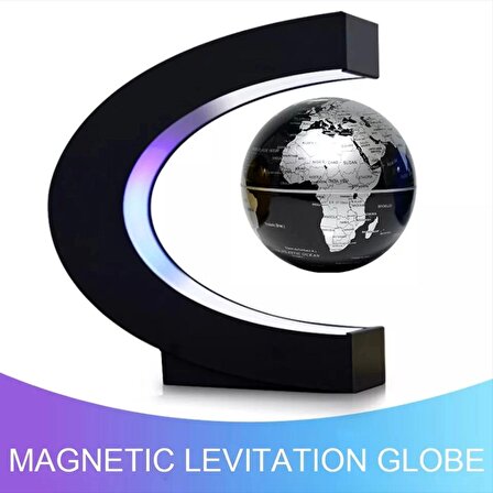 3 inç Manyetik Levitasyonunun Yüzen Küre Dünya Haritası Küre C Şekli Tabanı ile Öğretim için LED Işıkları Ev Ofis Masası Dekorasyonu - siyah