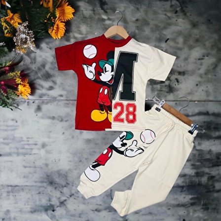 Mickey Mouse Baskılı Çift  Renkli Erkek Çocuk Kısa Kollu Takım