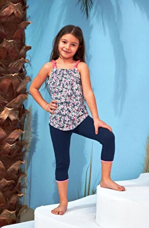 Kız Çocuk İkili Takım Çiçekli Baskılı Askılı Bluz Lacivert Taytlı