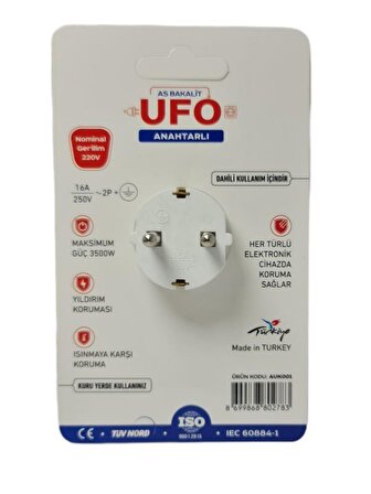 UFO Tekli Akım Korumalı Anahtarlı Priz Beyaz 3500W 16A