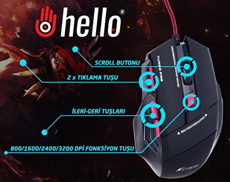 Hello HL-18739 Kablolu Oyuncu Mouse+Pad