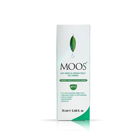 Moos Çay Ağacı ve Argan Özlü Tüm Cilt Tipleri İçin Çay Ağacı Özlü Su Bazlı Yağsız Nemlendirici Yüz Bakım Kremi 75 ml