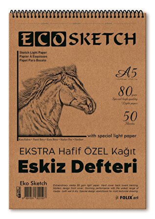EKOSketch Eskiz Defteri A5 80 gr. 50 yaprak Spiralli Folix Sketchbook 