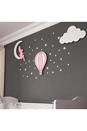 Çocuk Odası Dekoratif Ahşap Bulut Balon Peri Kızı Gece Lambası Ledli Aydınlatma