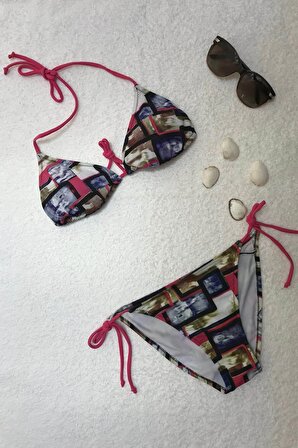 Dagi Desenli Pembe Boyundan Bağlı Üçgen Bikini Takımı
