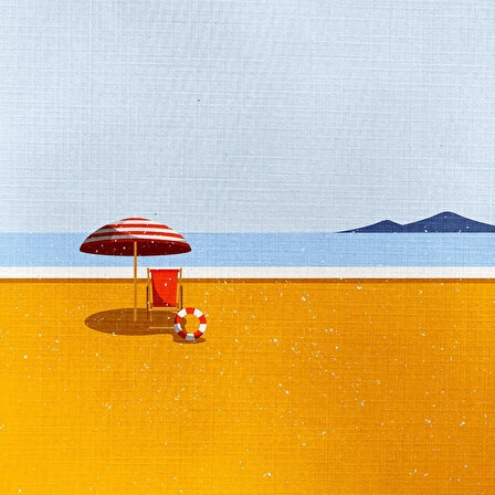 Kumsalda Kırmızı Şemsiye ve Şezlong Kanvas Tablo 50 x 70