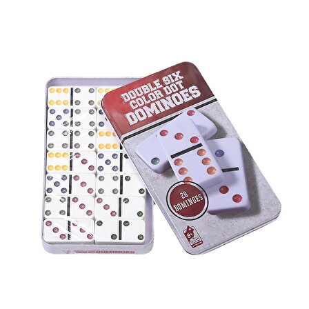 Lüks Metal Kutulu Dayanıklı Melamin Renkli Orijinal Domino Oyunu Zeka Oyun Seti 28 Parça 6 Çift