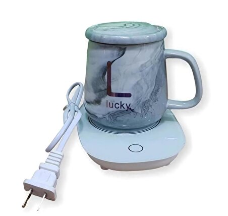Mermer Lucky Tasarımlı 220V Elektrikli Kapaklı Sıcak Tutan Isıtıcılı Kahve Kupa Fincan Bardak (Fişli