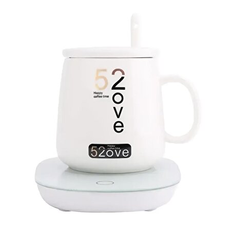 Aşk Tasarımlı 220 Volt Elektrikli Kapaklı Sıcak Tutan Isıtıcılı Çay Kahve Kupa Fincan Bardak (Fişli)