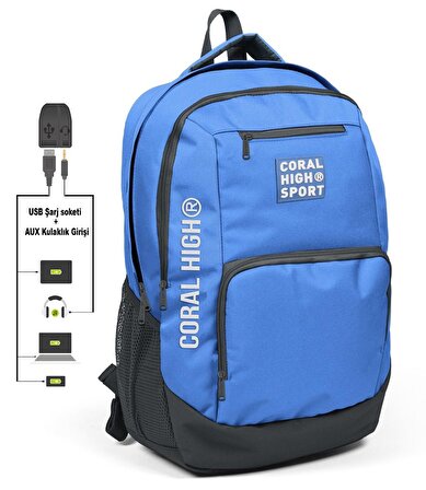 Coral High Sport Mavi-Gri Laptop Bölmeli Sırt Çantası - USB Çıkışlı