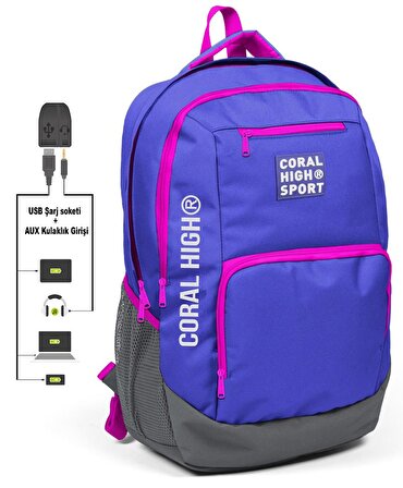Coral High Sport Mavi-Pembe Laptop Bölmeli Sırt Çantası - USB Çıkışlı