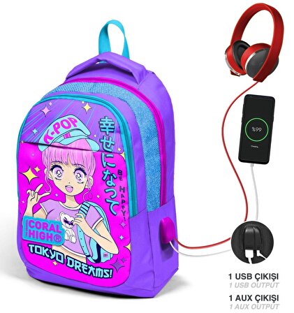 Coral High Lavanta Pembe K-Pop Kız Çocuk USB Çıkışlı İlkokul ve Ortaokul Sırt Çantası