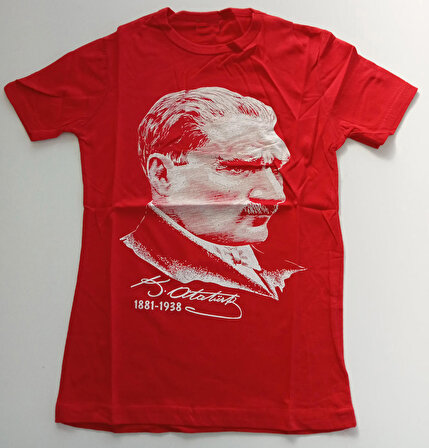 Kırmızı Atatürk İmzalı Yazılı Atatürk Çocuk Tişört