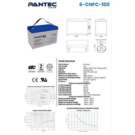 PANTEC 100 AMPER SOLAR JEL AKÜ DERİN DÖNGÜ