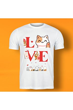 Kedi Resimli Love Baskılı Tişört