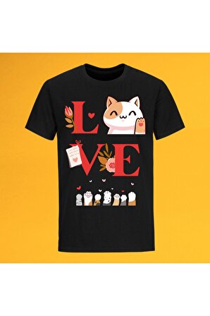Kedi Resimli Love Baskılı Tişört
