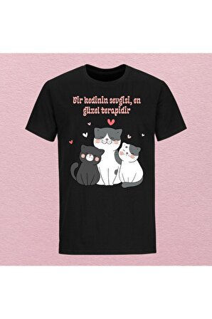 Sevgiyi Terapiyle Buluşturan Kedi Baskılı Sevgili Tişörtü