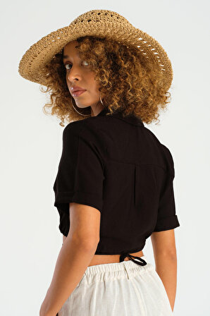 Kadın Siyah Rengi Keten Kumaş Belden Bağcıklı Crop Top