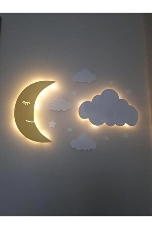 Çocuk Odası Dekoratif Ahşap Aydede Ve Bulut Gece Lambası Ledli Aydınlatma