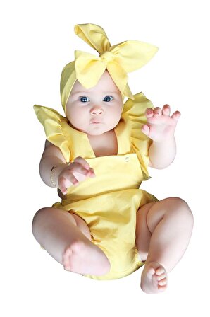 Kız Bebek Sarı Pamuklu Salopet Bandana Takım