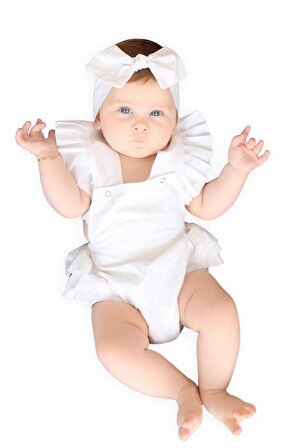 Kız Bebek Beyaz Pamuklu Salopet Bandana Takım