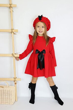 Kız Çocuk Pembe Sofia Pamuklu Fiyonk Detaylı Elbise Kep Abiye Takım
