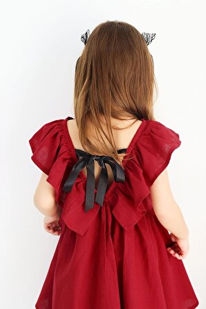Kız Çocuk Bordo Cherry Fiyonklu Fırfırlı Elbise Toka Takım