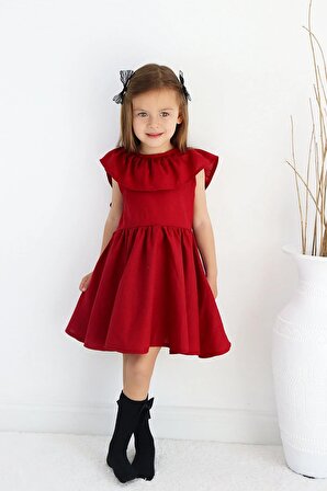 Kız Çocuk Bordo Cherry Fiyonklu Fırfırlı Elbise Toka Takım