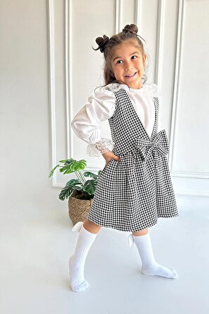 Kız Çocuk Anna Kazayağı Kareli Fiyonklu Jile Elbise Dantel Detaylı Bluz Takım