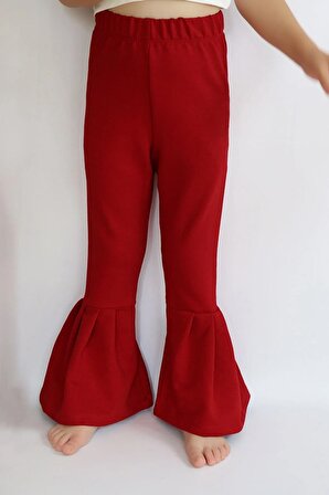 Kız Çocuk Kırmızı Ispanyol Paça Yüksek Bel Lastikli Tayt Pantolon