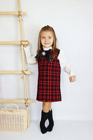 Kız Çocuk Kırmızı Vanessa Broş Detaylı Tüvit Uzun Kollu Yılbaşı Elbisesi